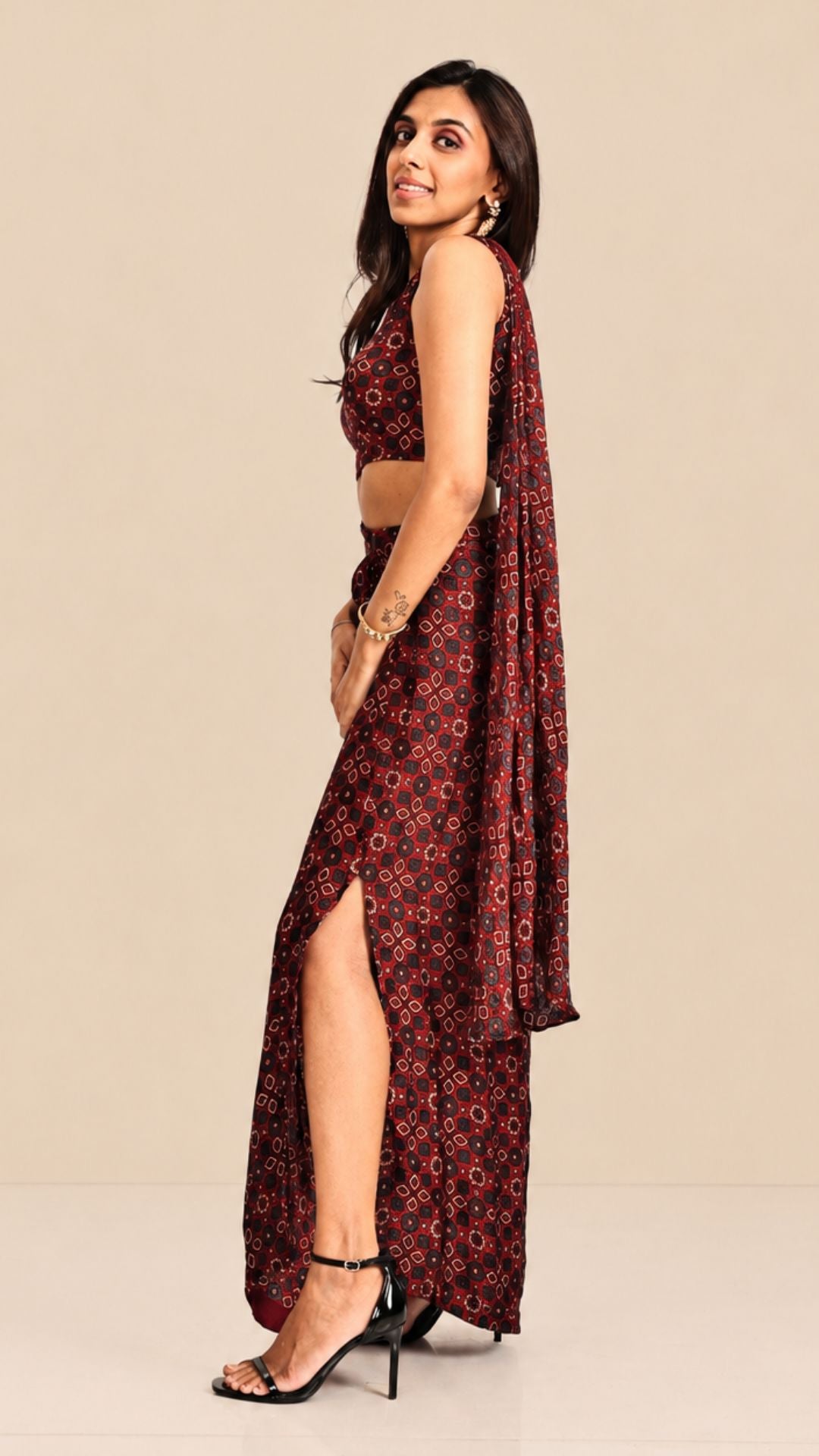 Ajrakh Pre-Draped Saree with Asymmetric Blouse