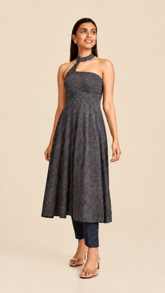 Ajrakh Asymmetric Anarkali with Raw Silk Pants