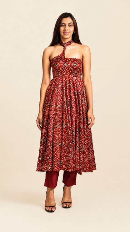 Ajrakh Asymmetric Anarkali with Raw Silk Pants