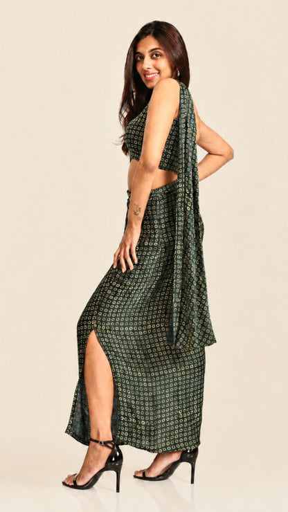 Ajrakh Pre-Draped Saree with Asymmetric Blouse