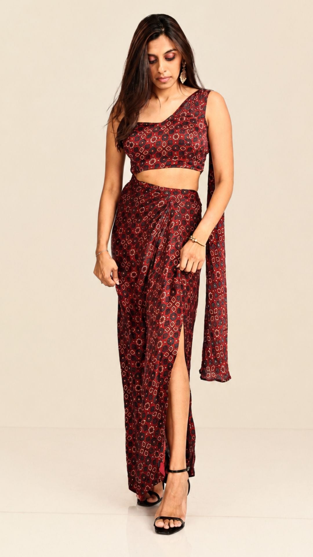 Ajrakh Pre-Draped Saree with Asymmetric Blouse