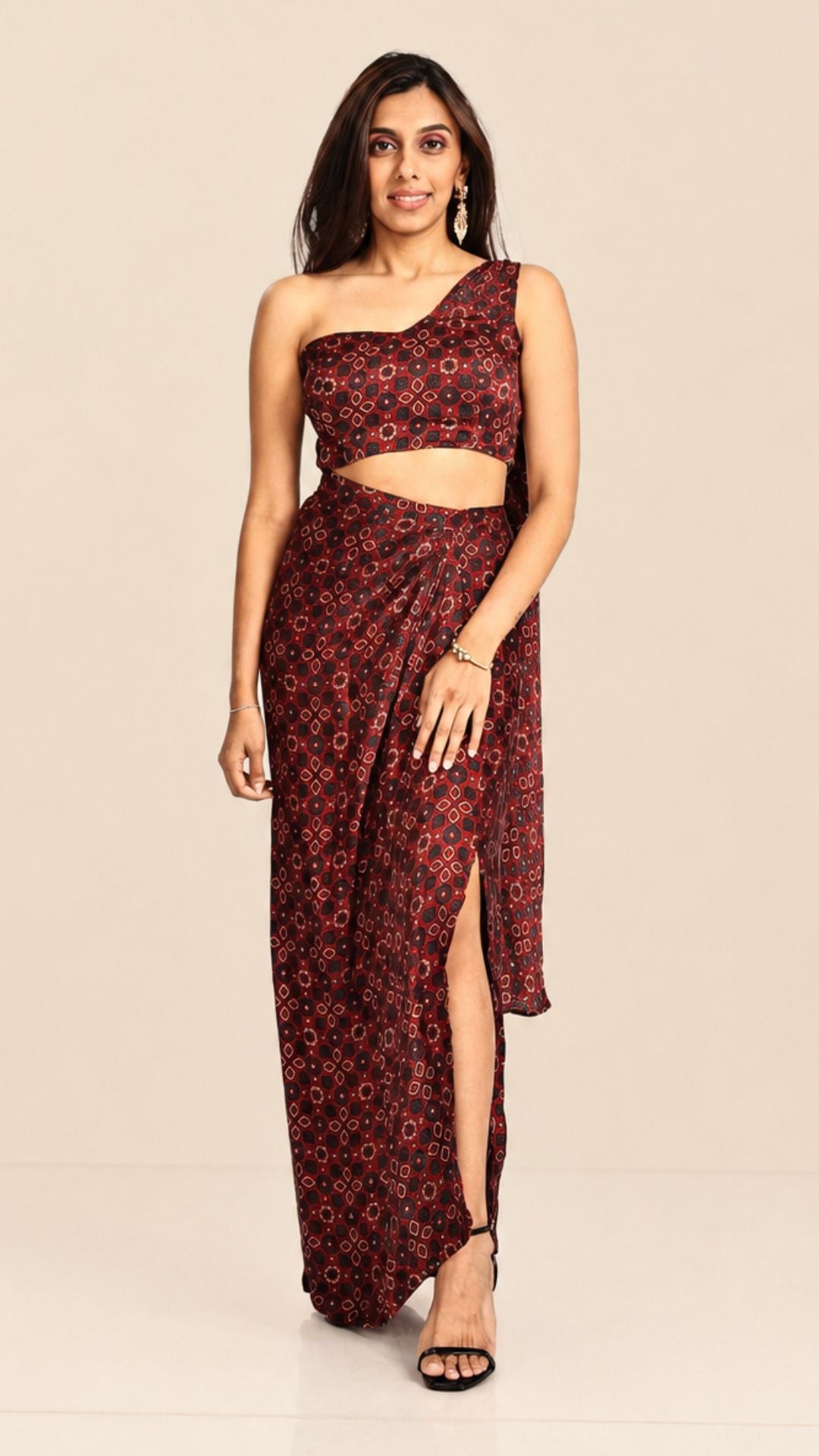 Ajrakh Pre-Draped Saree with Asymmetric Blouse