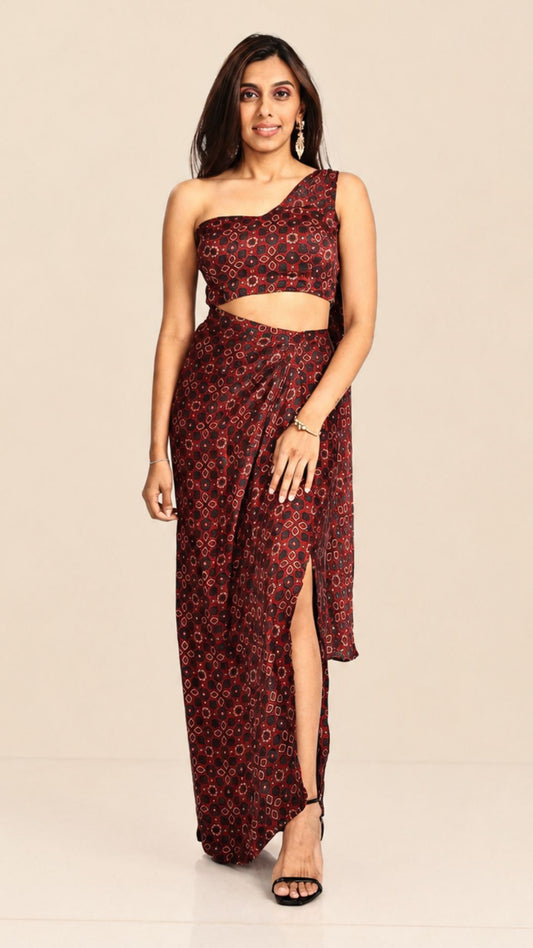 Ajrakh Pre-Draped Saree with Asymmetric Blouse