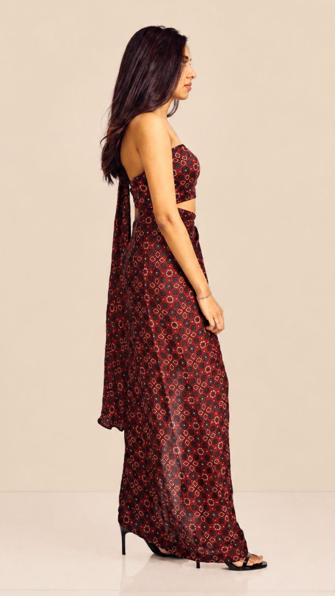 Ajrakh Pre-Draped Saree with Asymmetric Blouse