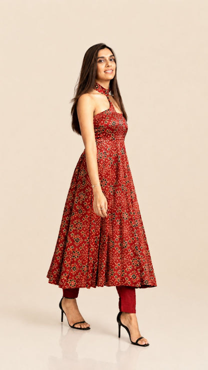 Ajrakh Asymmetric Anarkali with Raw Silk Pants