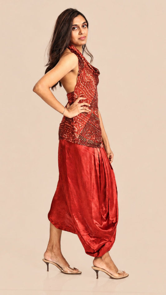 Ajrakh Crimson Cowl Dhoti Set