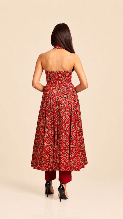 Ajrakh Asymmetric Anarkali with Raw Silk Pants