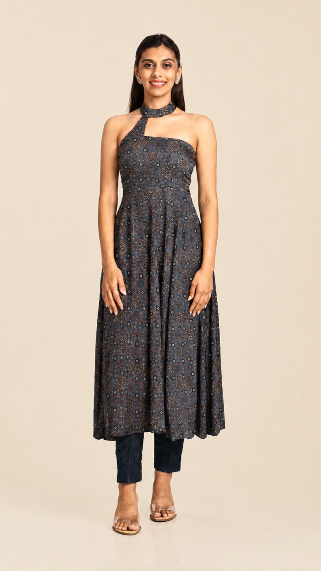 Ajrakh Asymmetric Anarkali with Raw Silk Pants