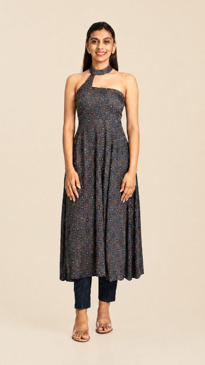 Ajrakh Asymmetric Anarkali with Raw Silk Pants