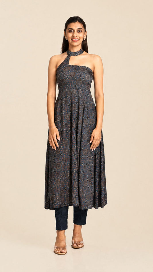 Ajrakh Asymmetric Anarkali with Raw Silk Pants