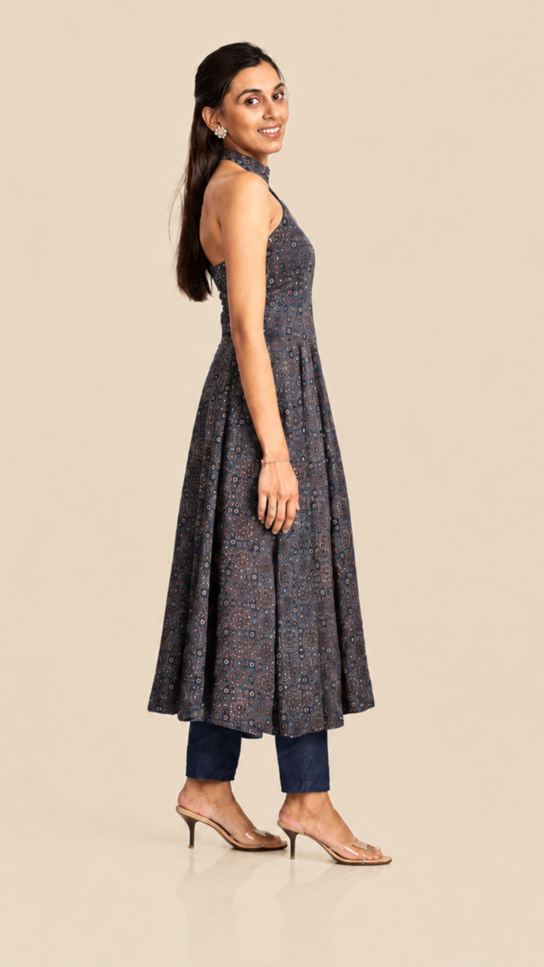 Ajrakh Asymmetric Anarkali with Raw Silk Pants