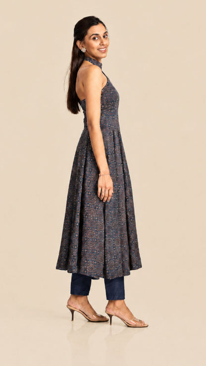 Ajrakh Asymmetric Anarkali with Raw Silk Pants