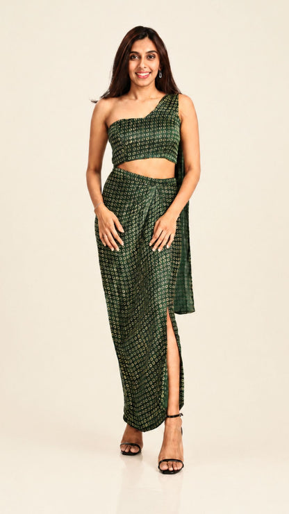 Ajrakh Pre-Draped Saree with Asymmetric Blouse